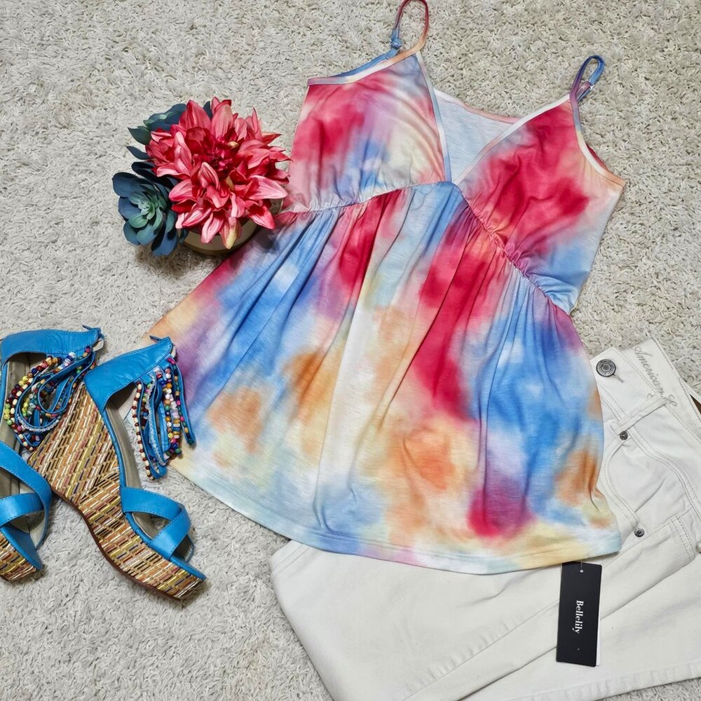 Bellelily Cami Top. Watercolor Tie Dye. Pink Blue Yellow White. Size Small. NWT. - Picture 2 of 13